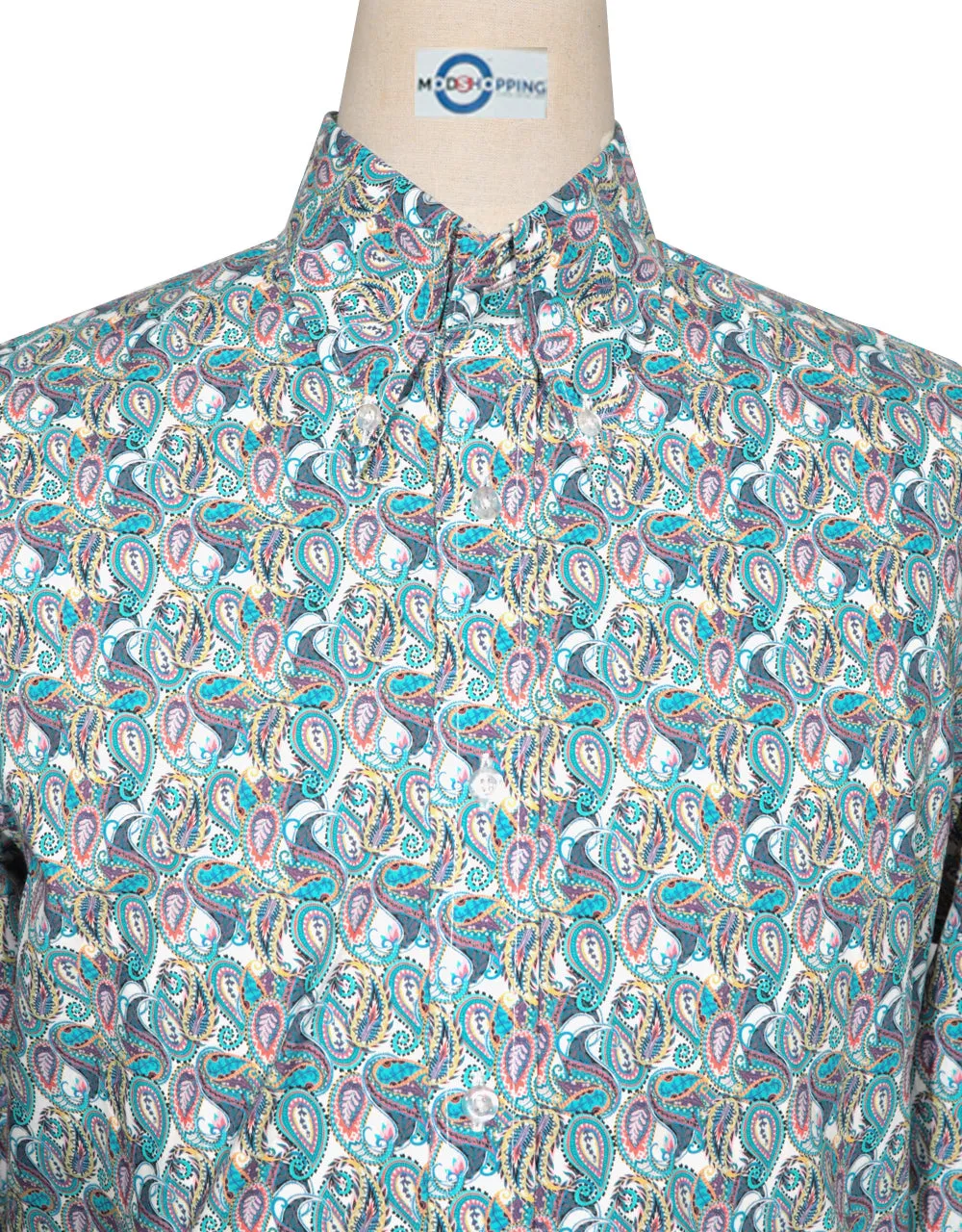 60s Style  Light Sea Green and Orange Paisley Shirt