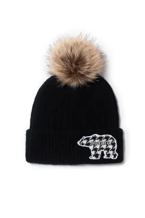 ABB850 - Ribbed knit beanie with Hounds tooth mama bear patch and faux fur pom