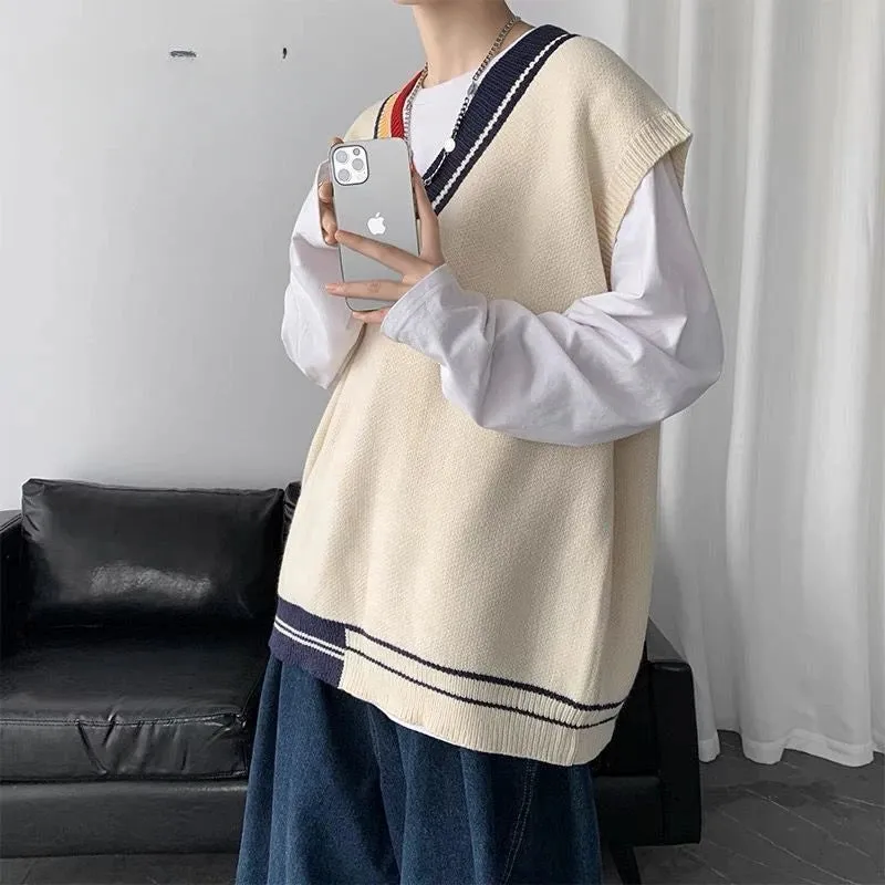 Aidase Knitwear Fashion Sweater Vest Men Casual Sleeveless Short Solid Color Mens V-Neck Loose Men's Knitted Winter Clothes
