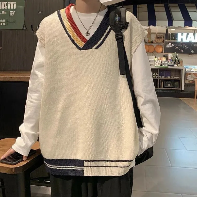 Aidase Knitwear Fashion Sweater Vest Men Casual Sleeveless Short Solid Color Mens V-Neck Loose Men's Knitted Winter Clothes