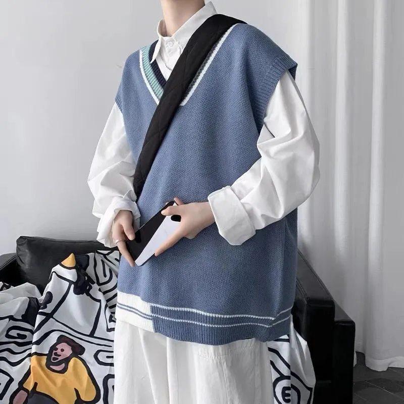 Aidase Knitwear Fashion Sweater Vest Men Casual Sleeveless Short Solid Color Mens V-Neck Loose Men's Knitted Winter Clothes