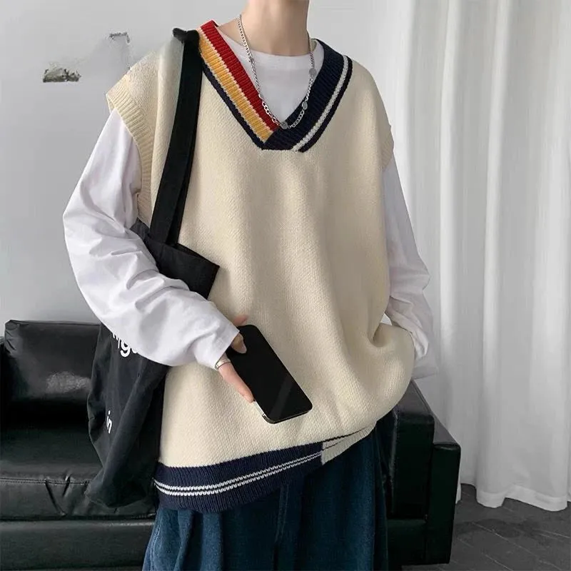 Aidase Knitwear Fashion Sweater Vest Men Casual Sleeveless Short Solid Color Mens V-Neck Loose Men's Knitted Winter Clothes