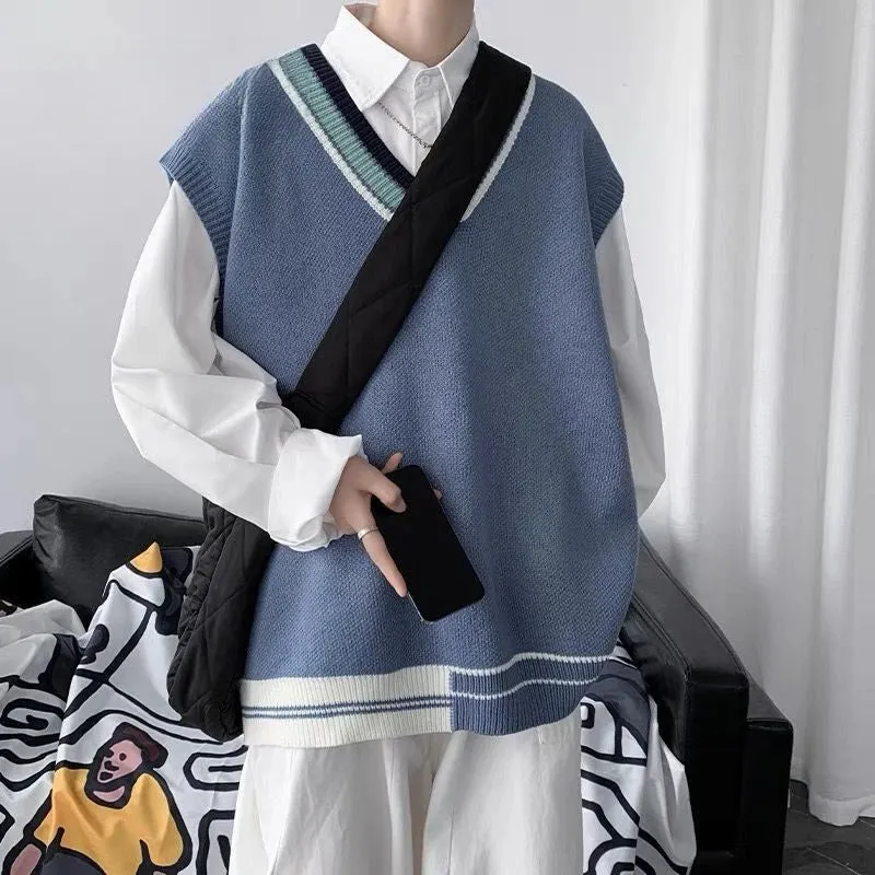 Aidase Knitwear Fashion Sweater Vest Men Casual Sleeveless Short Solid Color Mens V-Neck Loose Men's Knitted Winter Clothes