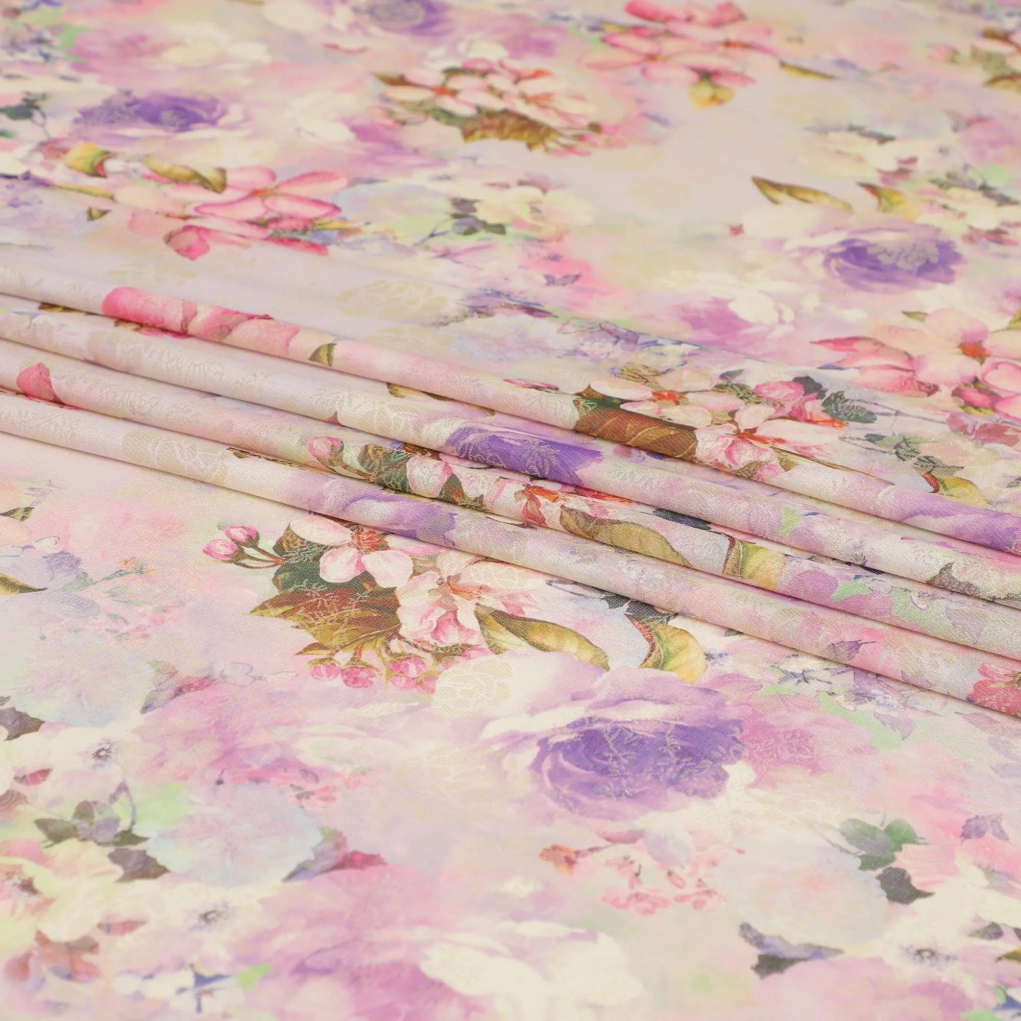 Beige silk chiffon fabric with multicolor print in floral design having organza finish-D6634