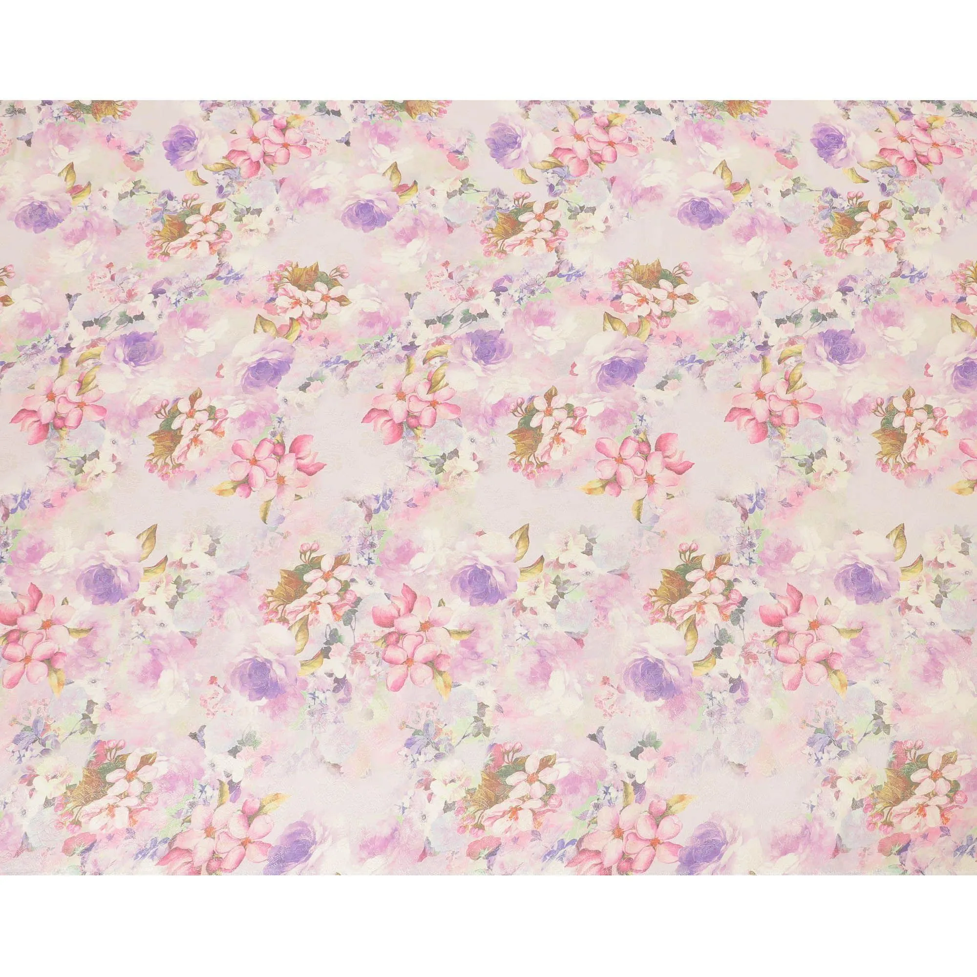 Beige silk chiffon fabric with multicolor print in floral design having organza finish-D6634