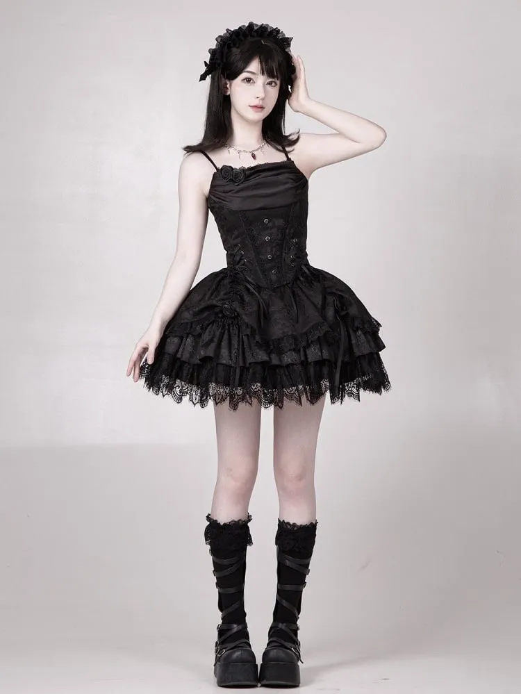 Black Drawstring Detail Gothic Lolita Layered Skirt