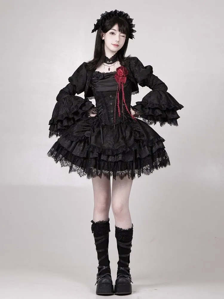 Black Drawstring Detail Gothic Lolita Layered Skirt