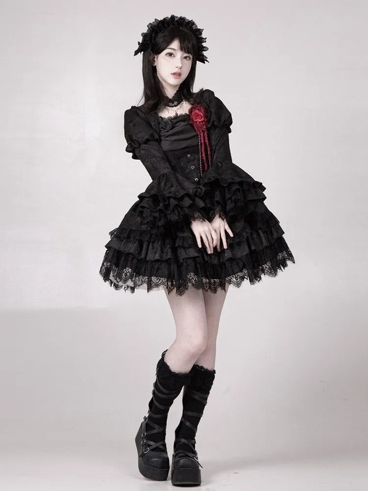 Black Drawstring Detail Gothic Lolita Layered Skirt