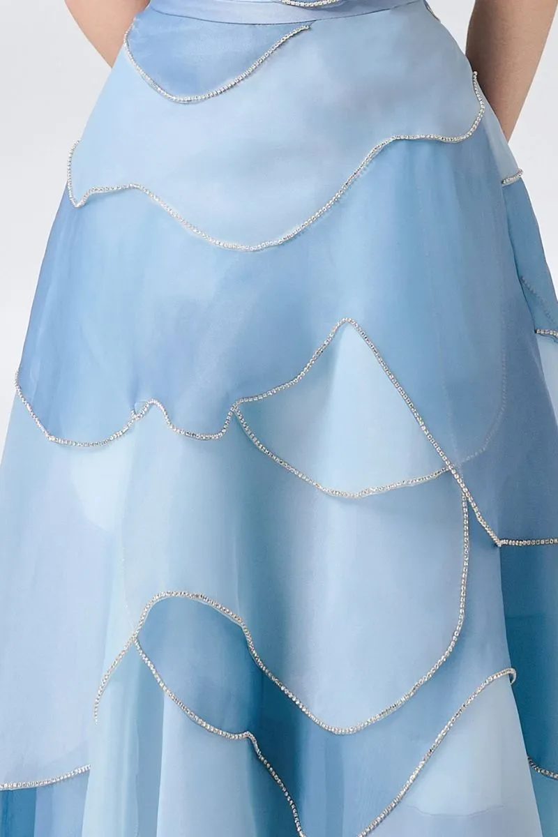 BLUE LAYERED MIDI DRESS WITH SCARF