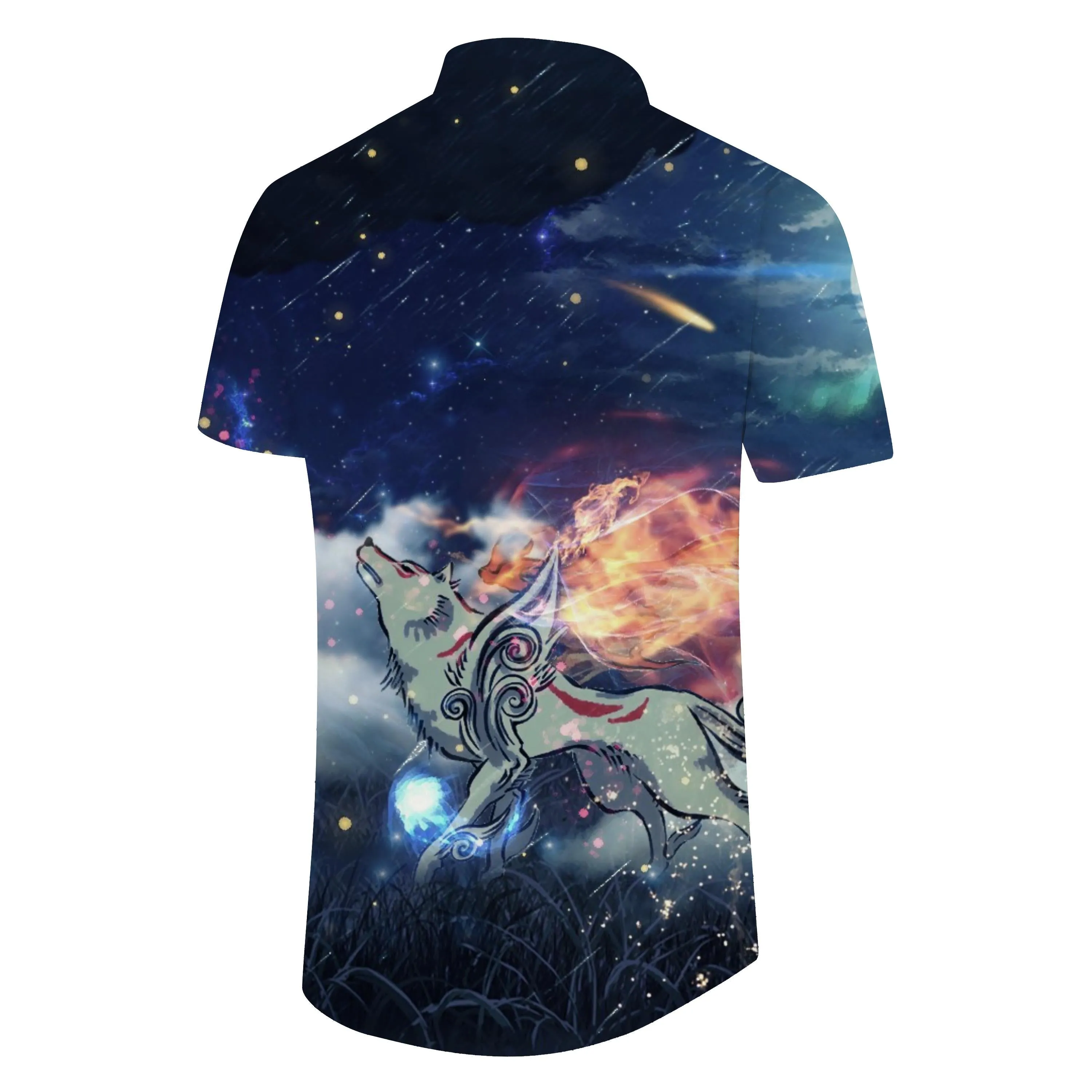 Cartoon Nine-tailed Fox Men's Shirt Short Sleeve Breathable Top Casual Regular Style