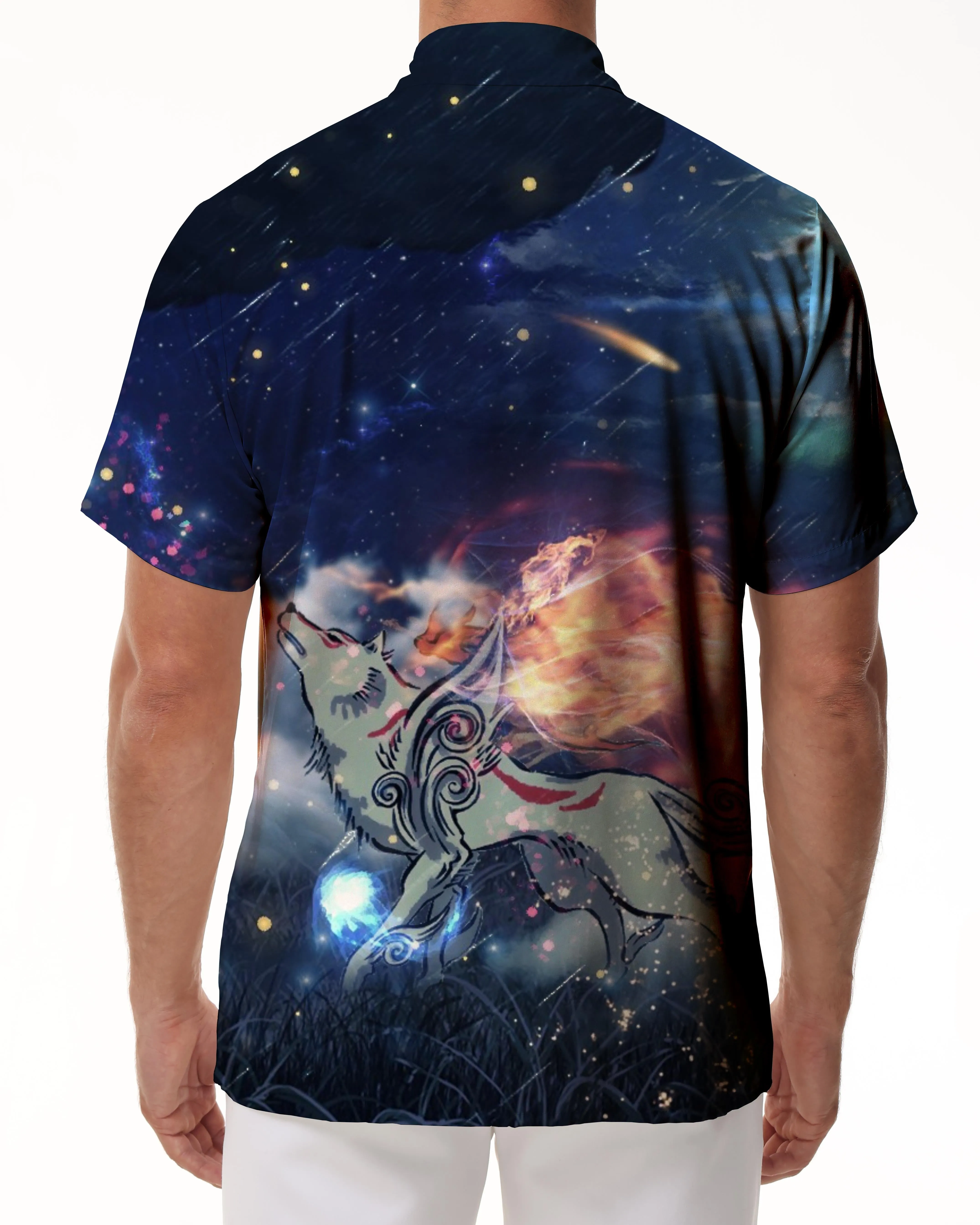 Cartoon Nine-tailed Fox Men's Shirt Short Sleeve Breathable Top Casual Regular Style