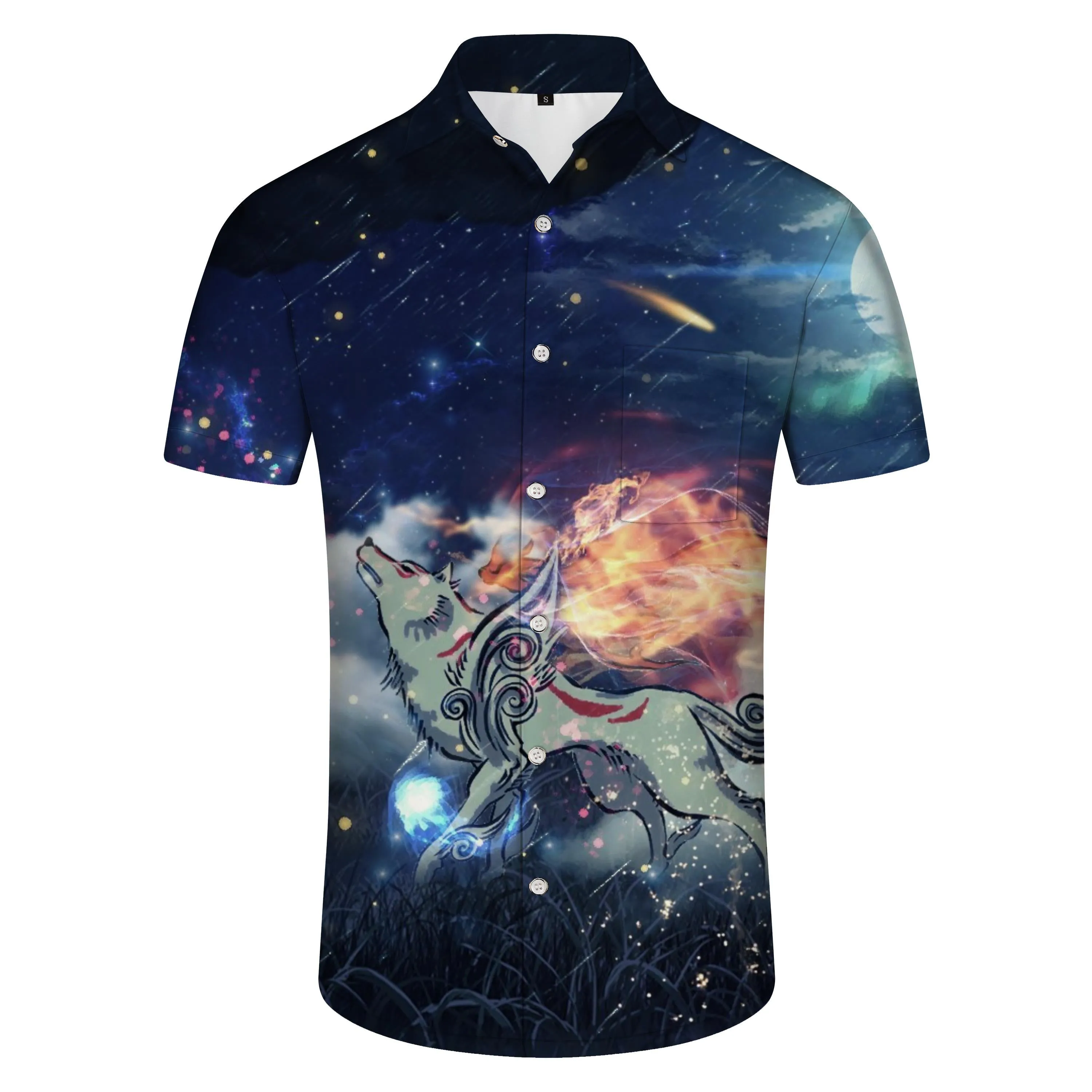 Cartoon Nine-tailed Fox Men's Shirt Short Sleeve Breathable Top Casual Regular Style