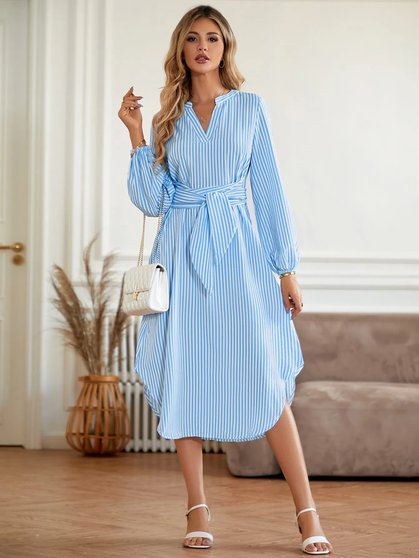 Casual V-neck Striped Tie-waist Shirt Maxi Dress