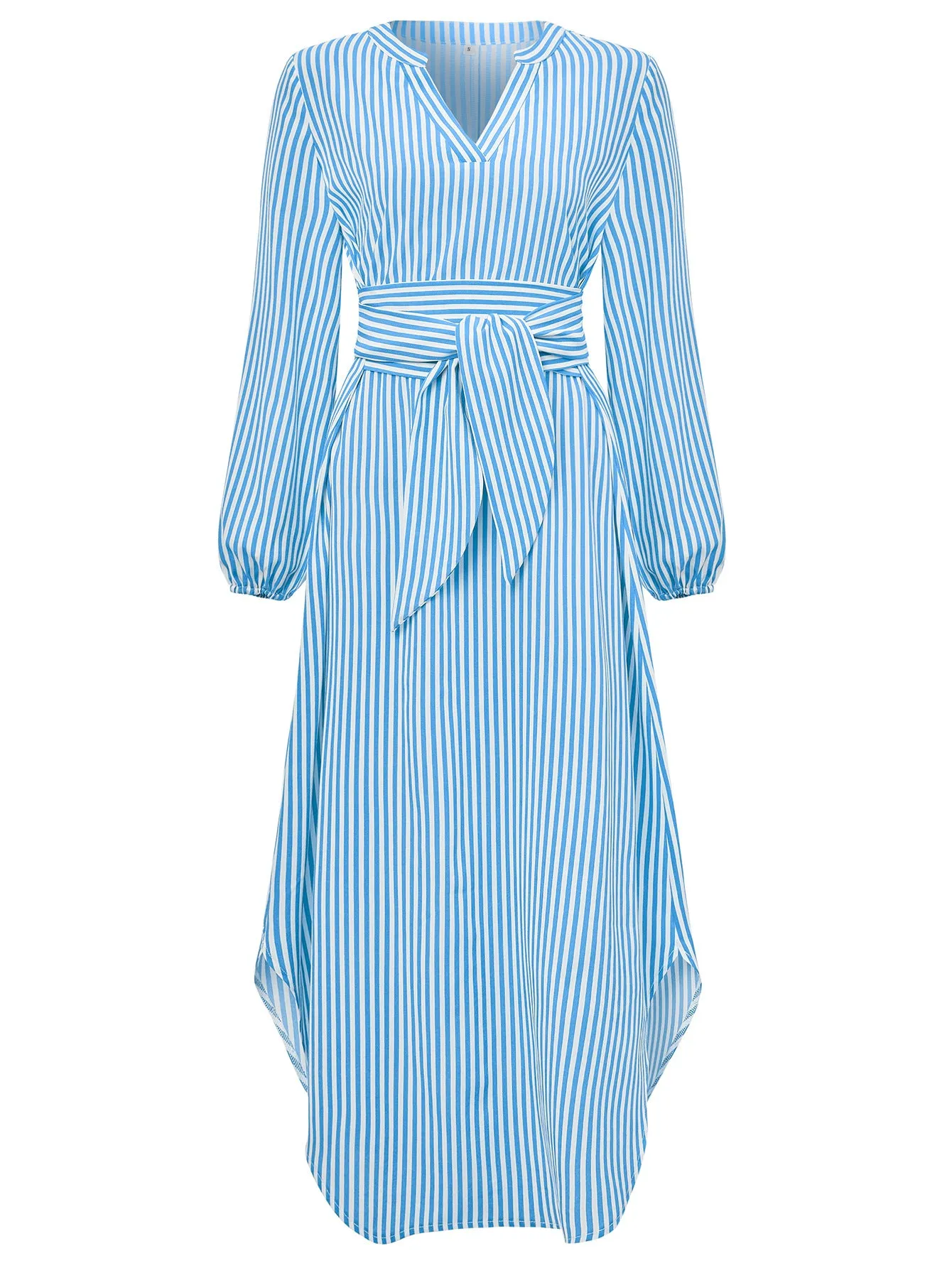 Casual V-neck Striped Tie-waist Shirt Maxi Dress
