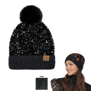 C.C Sequin Fur Pom Beanie