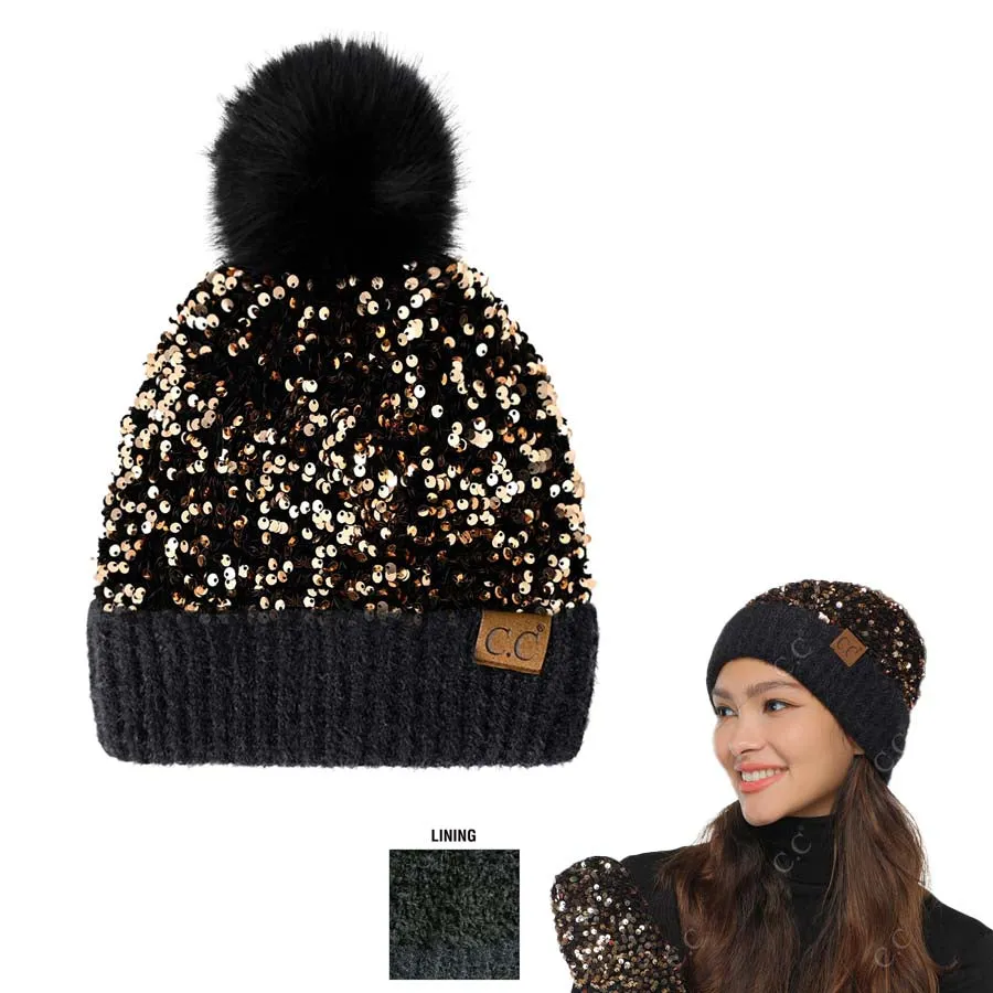 C.C Sequin Fur Pom Beanie