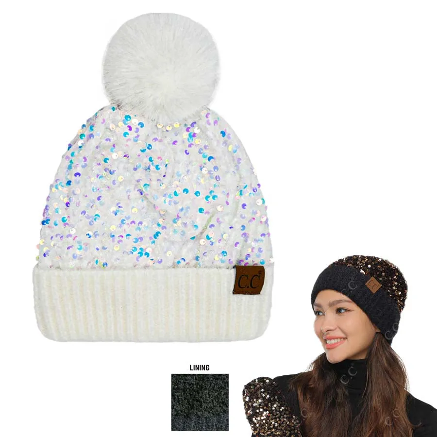 C.C Sequin Fur Pom Beanie