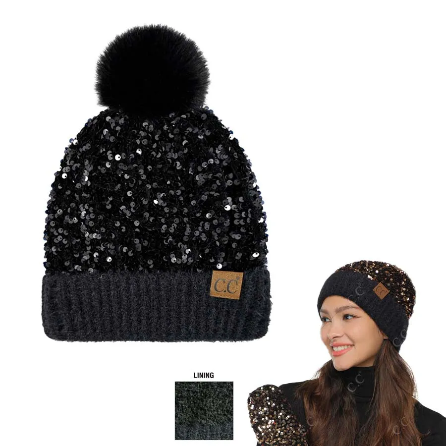 C.C Sequin Fur Pom Beanie