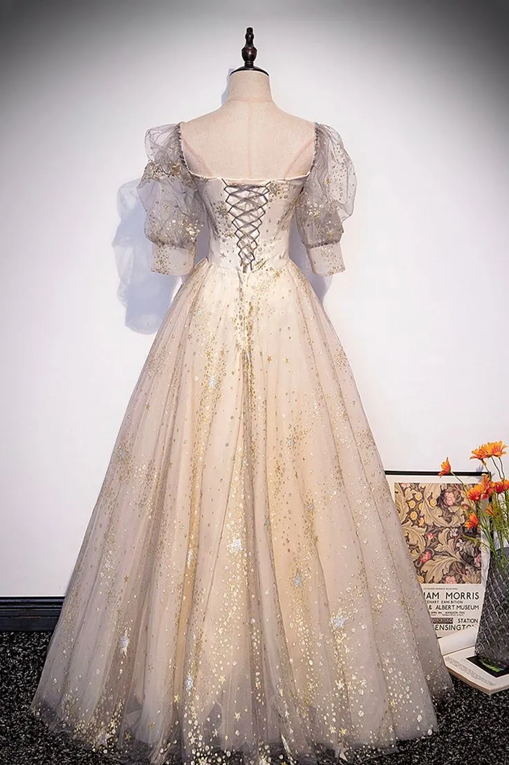 Champagne Tulle Sequins Long Prom Dress, Cute 1/2 Sleeve Party Dress      fg5450