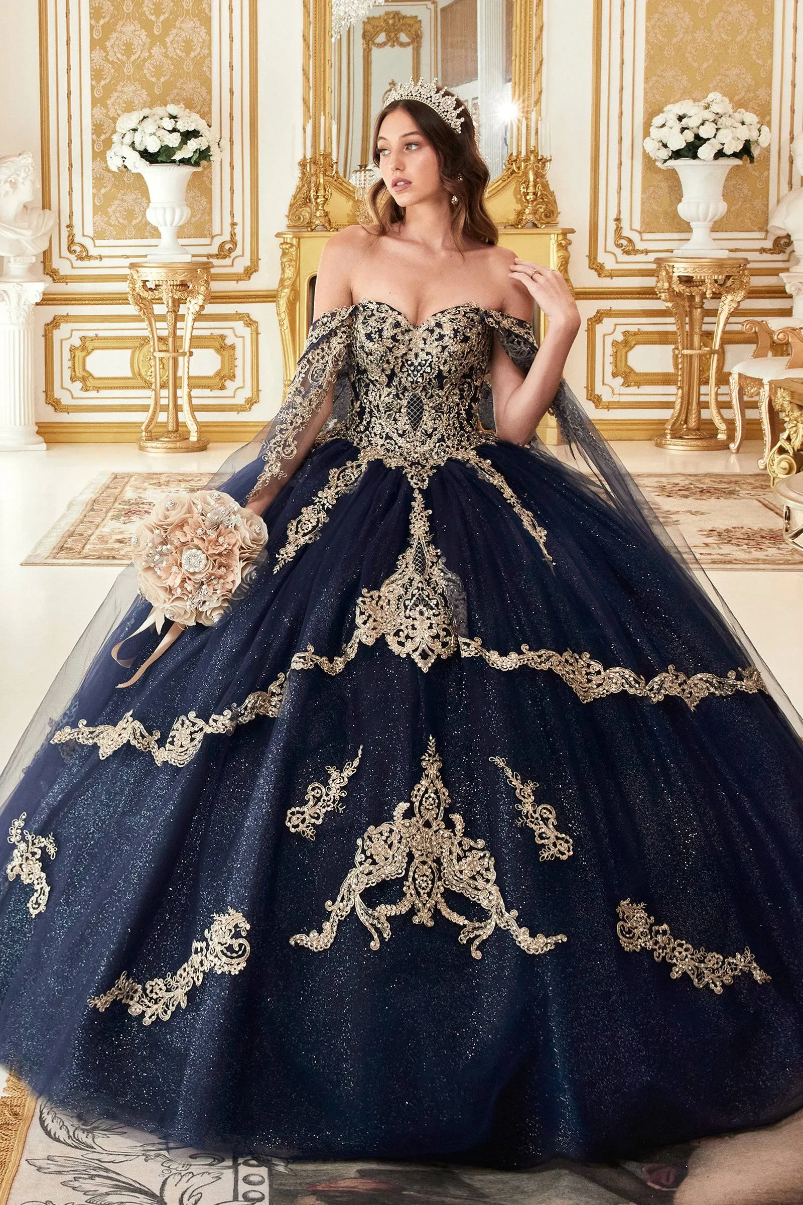 Cinderella Divine 15711 Ladivine Layered Gold Lace Ball Gown Quinceanera Dress
