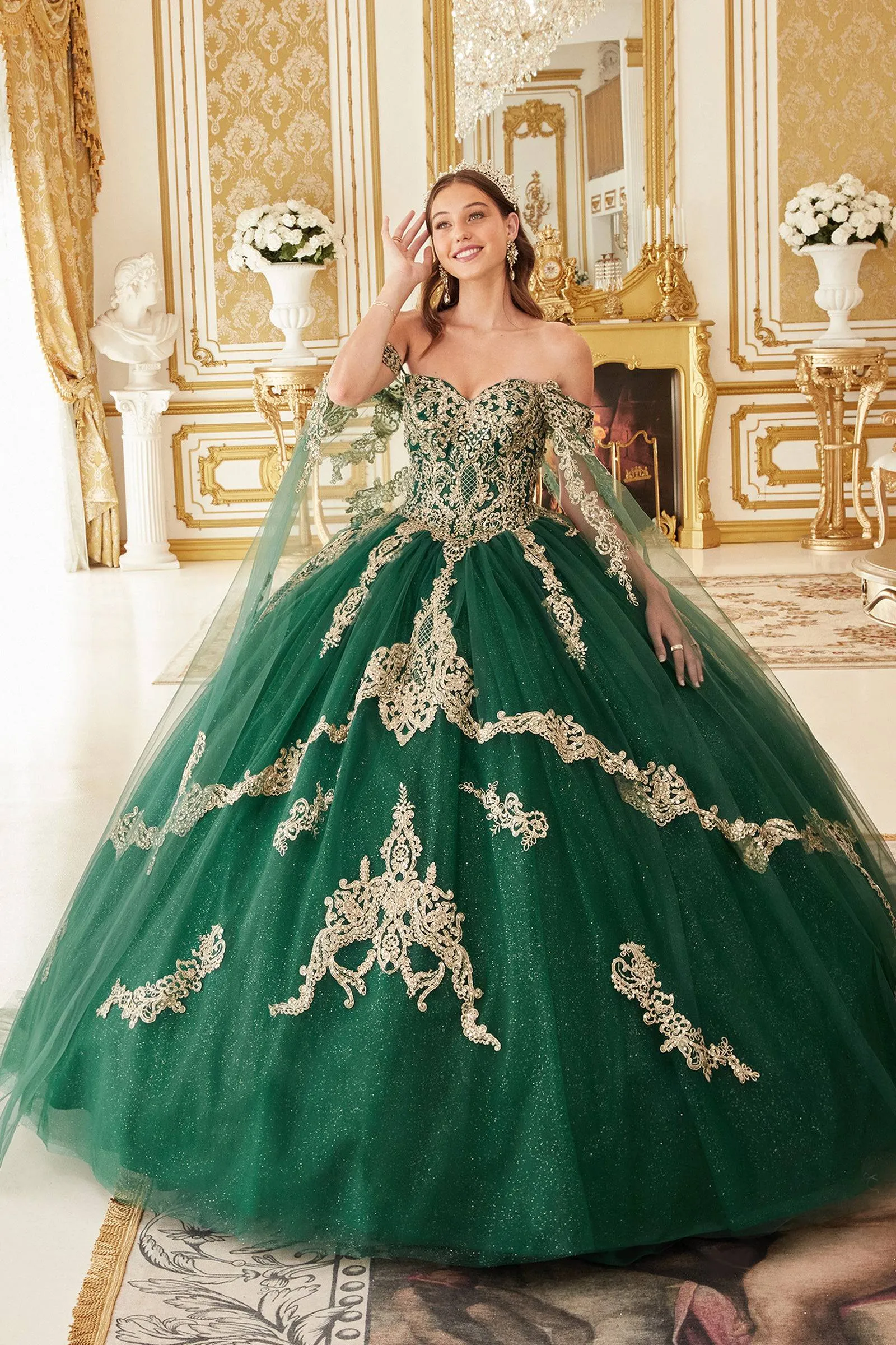 Cinderella Divine 15711 Ladivine Layered Gold Lace Ball Gown Quinceanera Dress