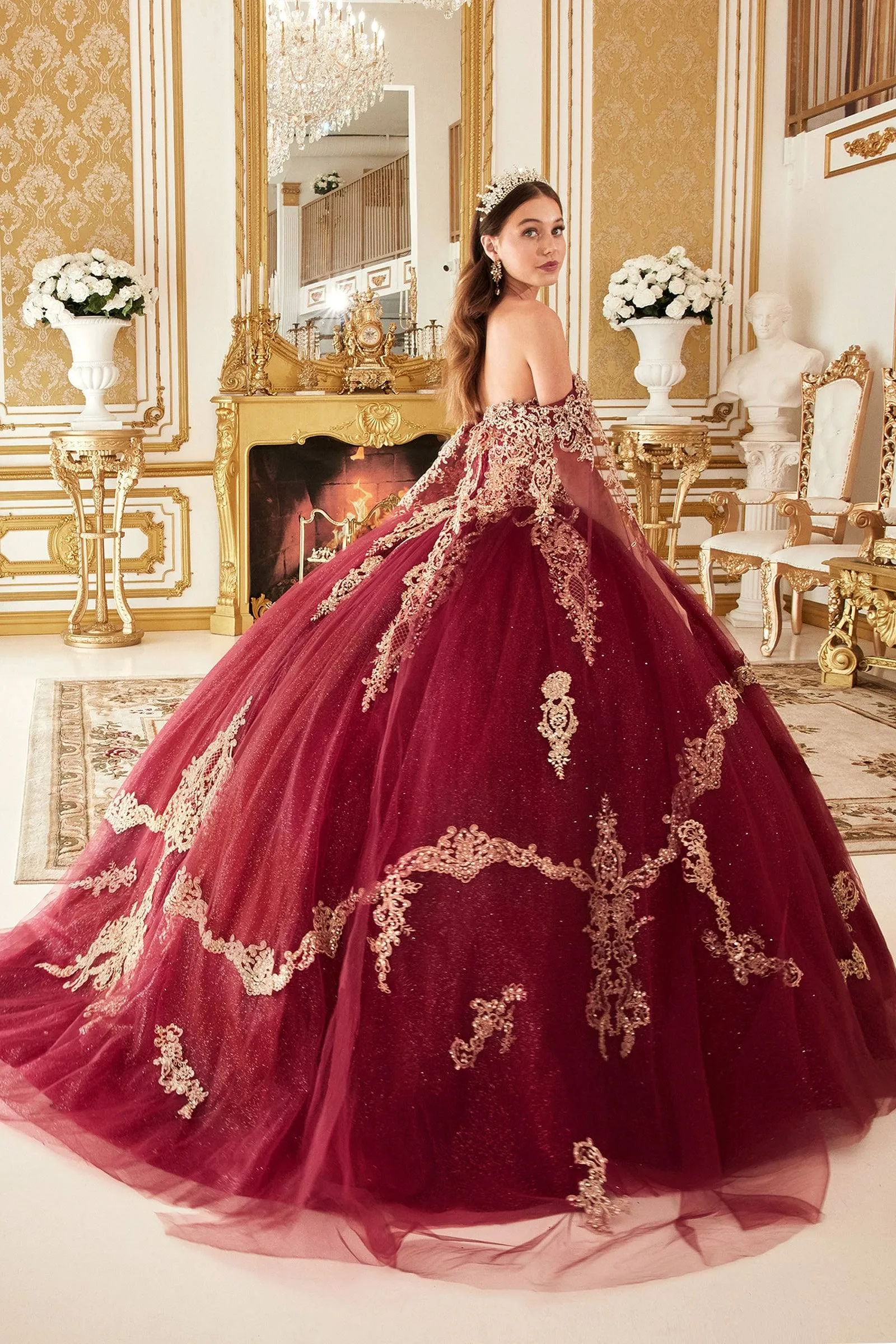 Cinderella Divine 15711 Ladivine Layered Gold Lace Ball Gown Quinceanera Dress