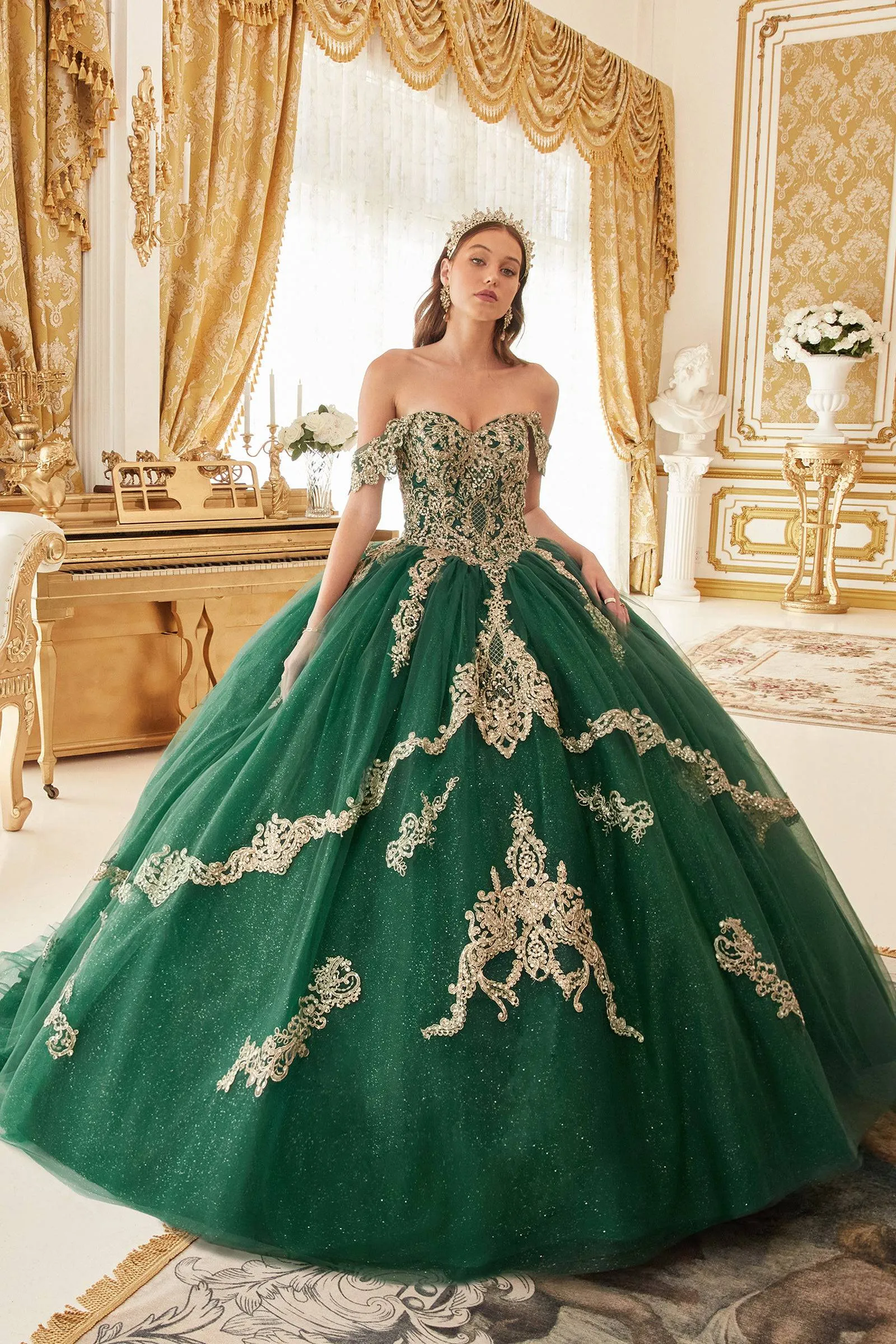 Cinderella Divine 15711 Ladivine Layered Gold Lace Ball Gown Quinceanera Dress