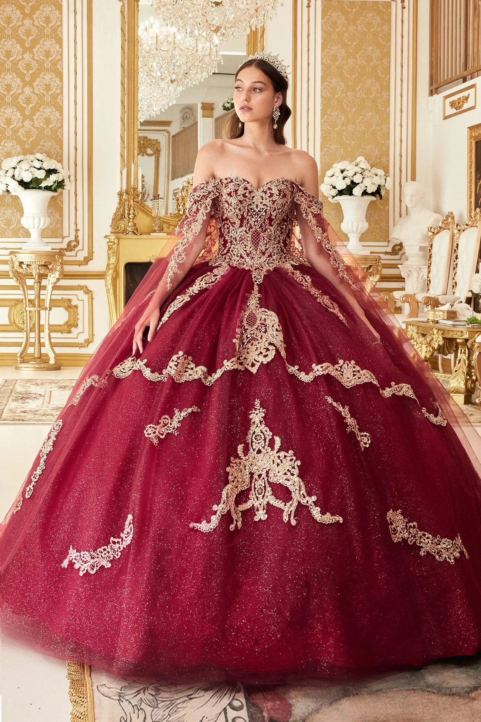 Cinderella Divine 15711 Ladivine Layered Gold Lace Ball Gown Quinceanera Dress