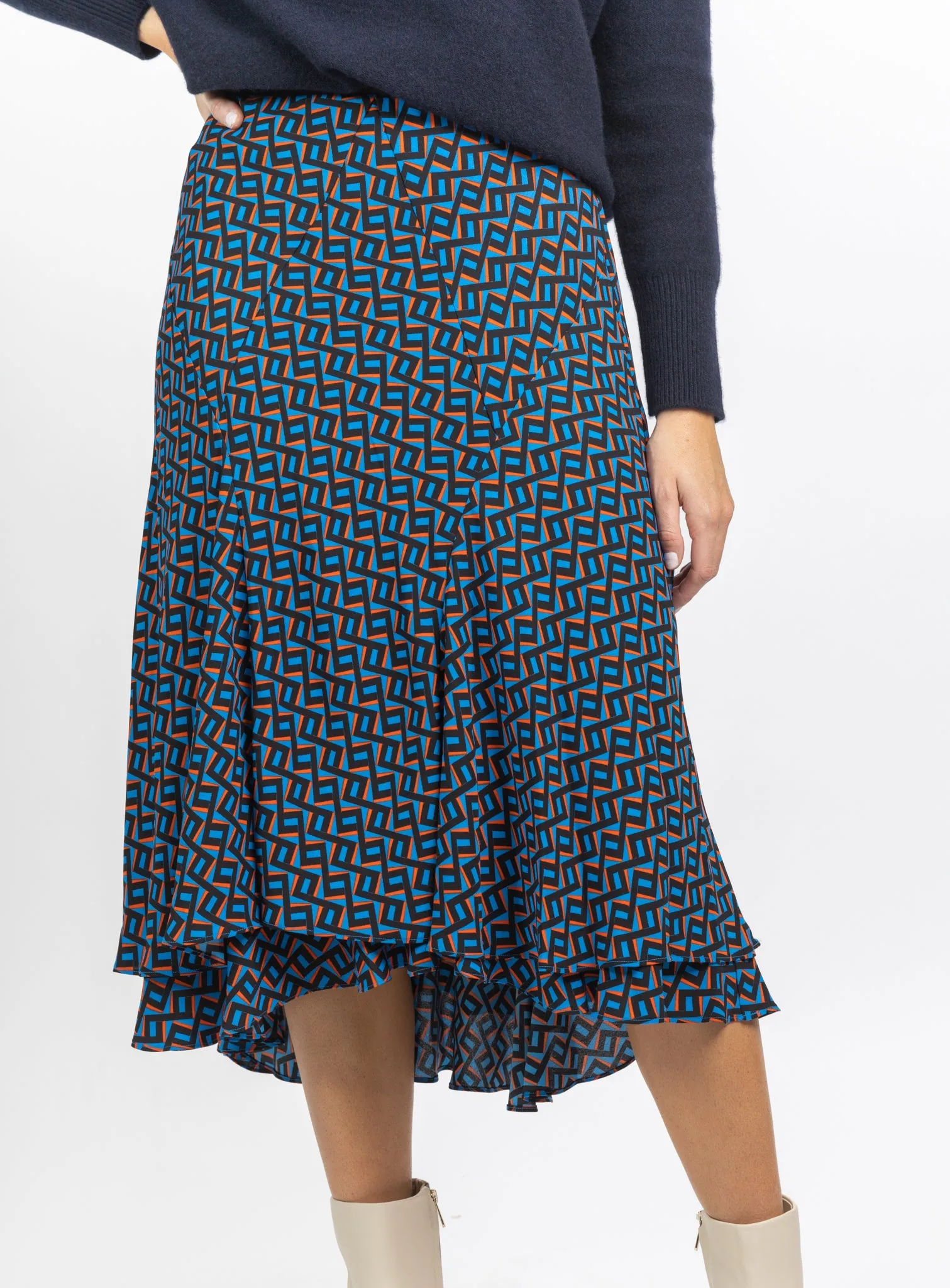 DVF Debra Midi Skirt in Zig Zag Small Sea Blue