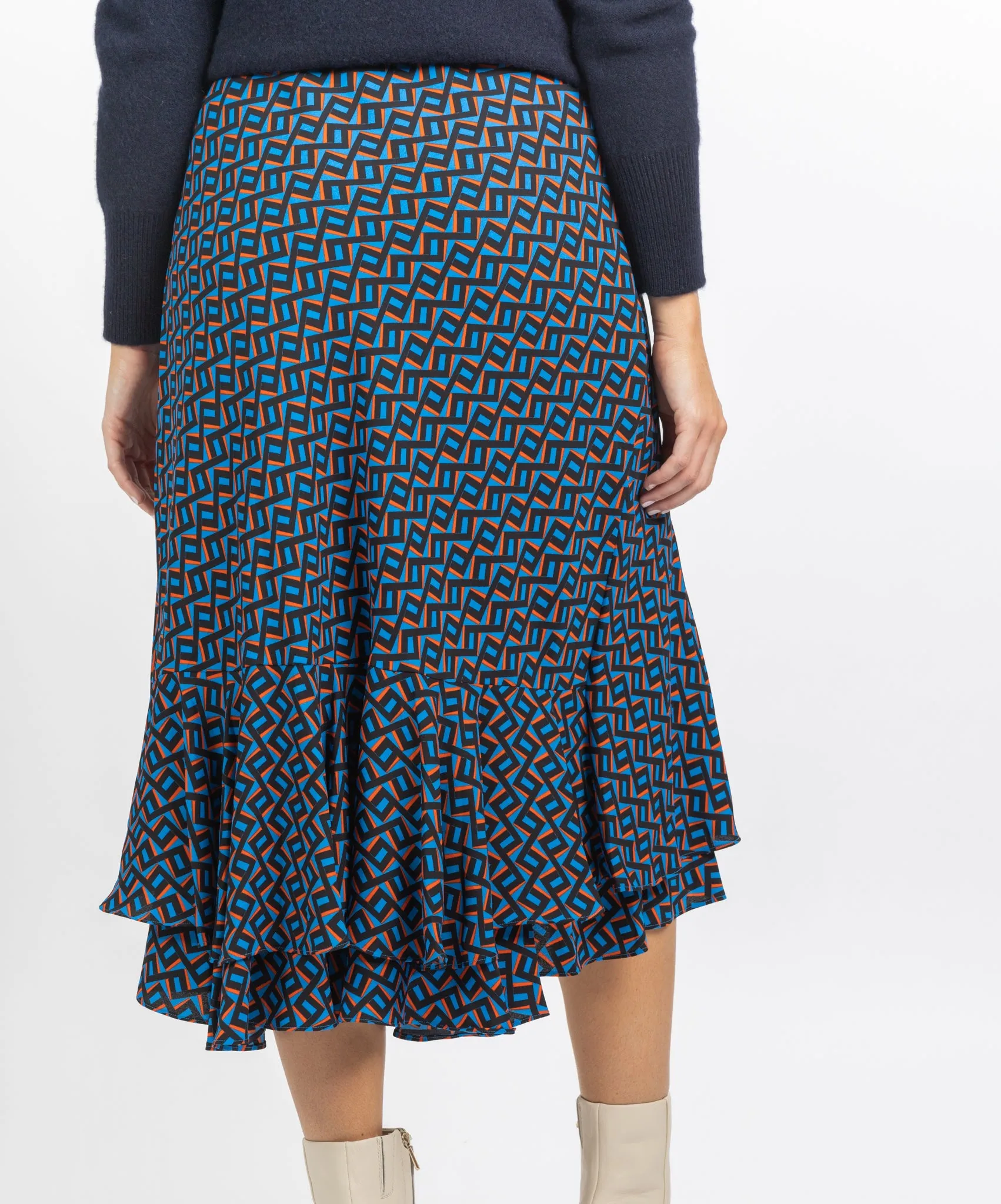 DVF Debra Midi Skirt in Zig Zag Small Sea Blue