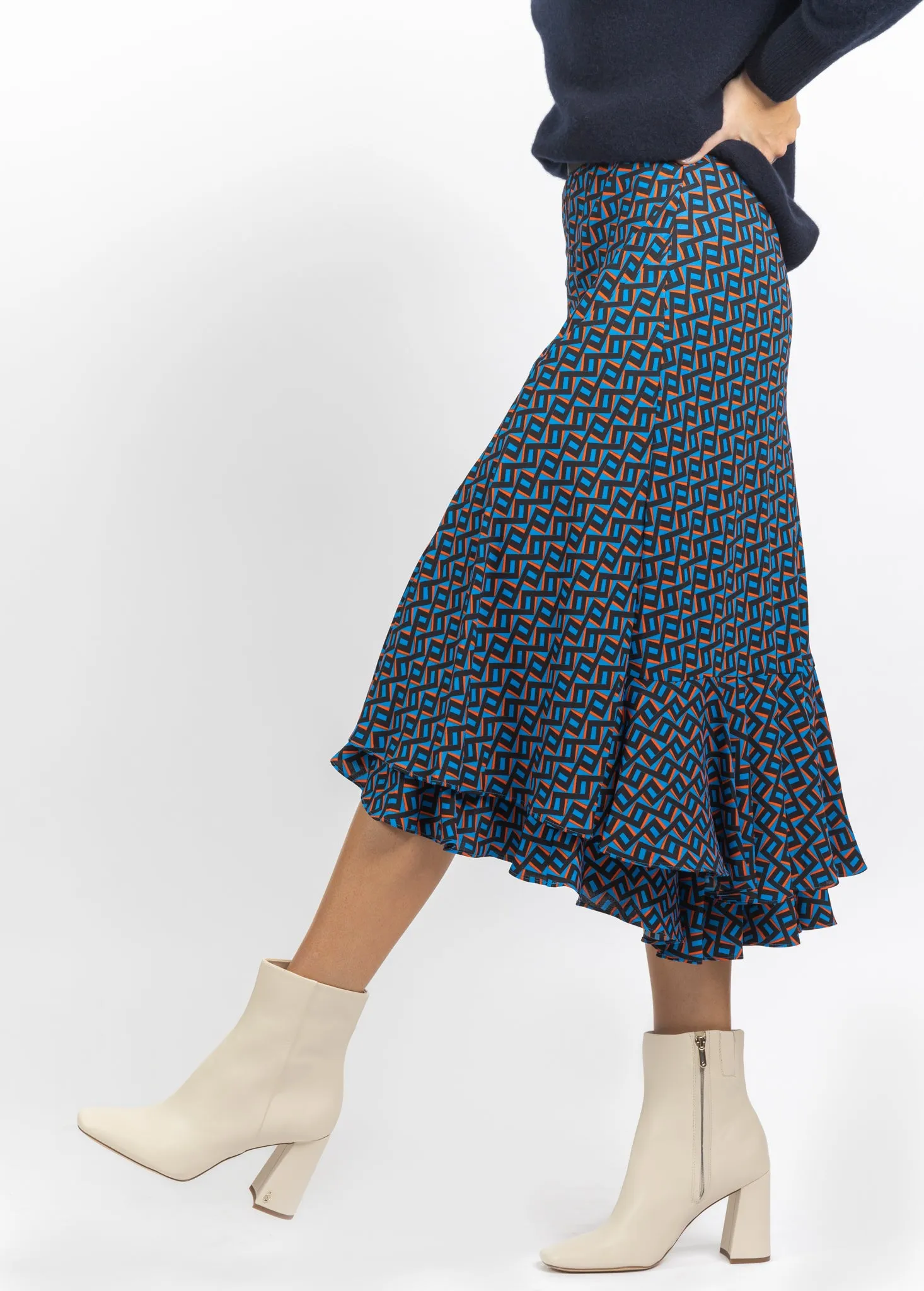 DVF Debra Midi Skirt in Zig Zag Small Sea Blue