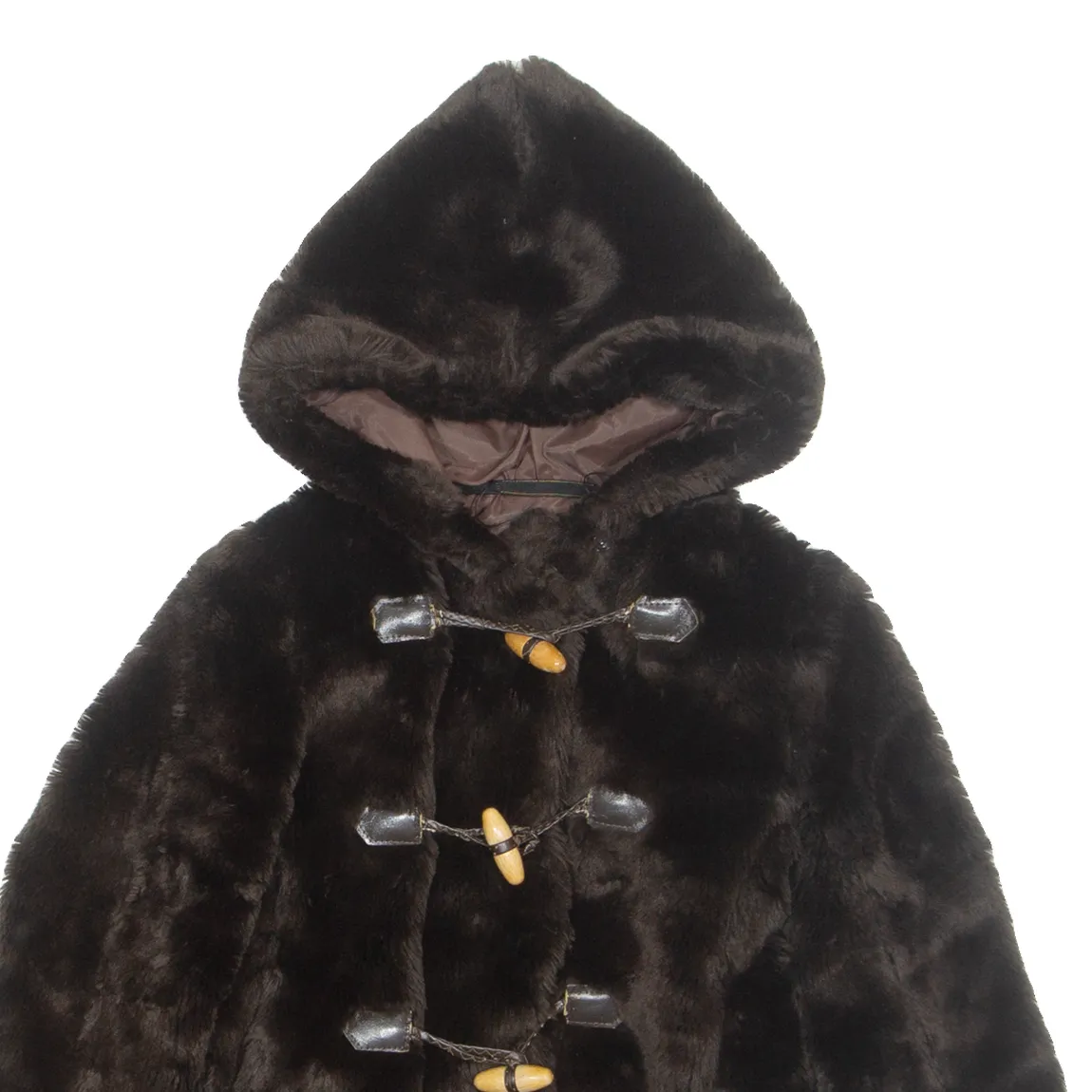 Faux Fur Girls Duffle Coat Brown Hooded 2-3Y