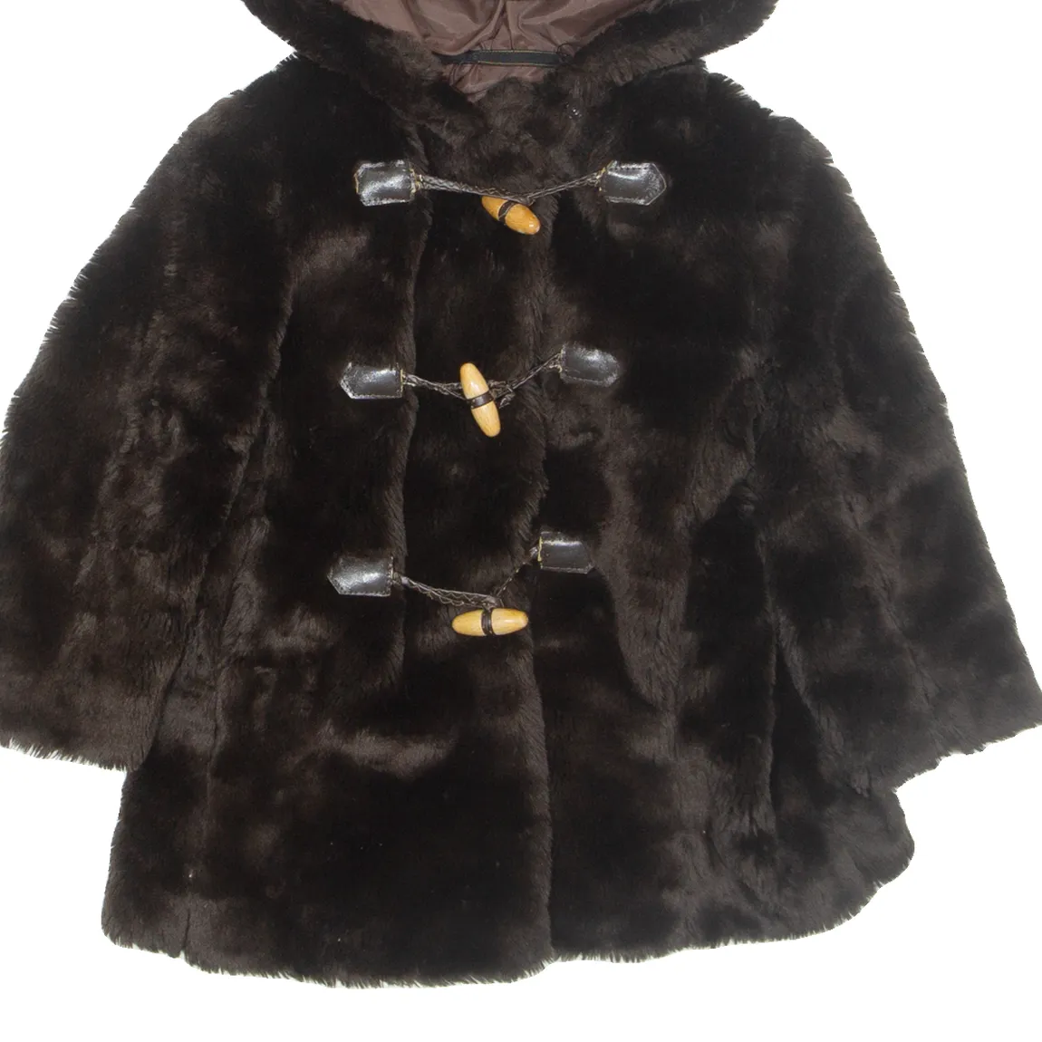 Faux Fur Girls Duffle Coat Brown Hooded 2-3Y