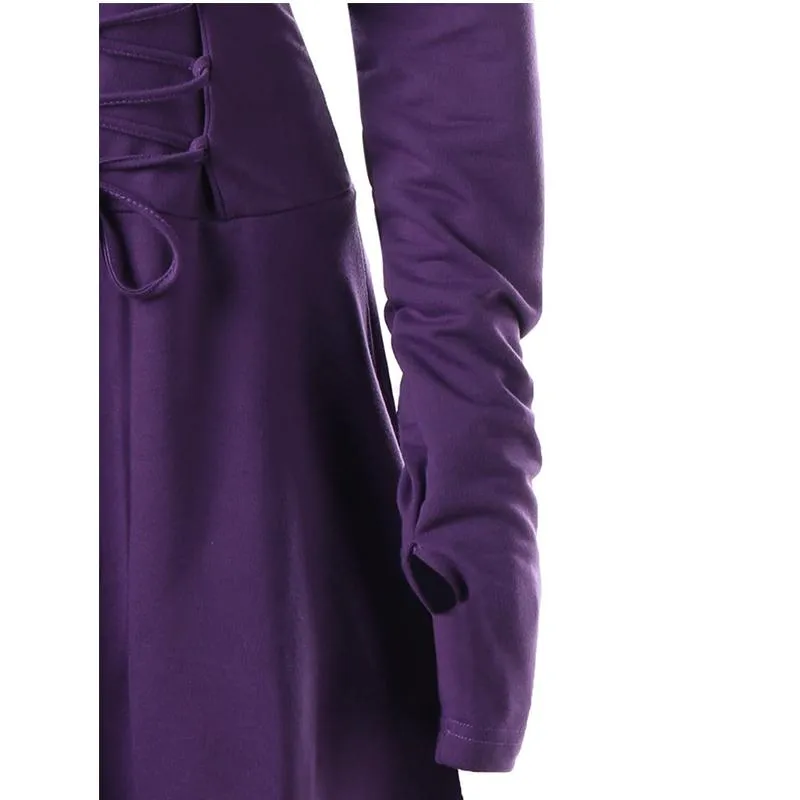 Female's Vintage Renaissance Costumes Hooded Robe Lace Up Dress | Front tie-up Hoodie Dress