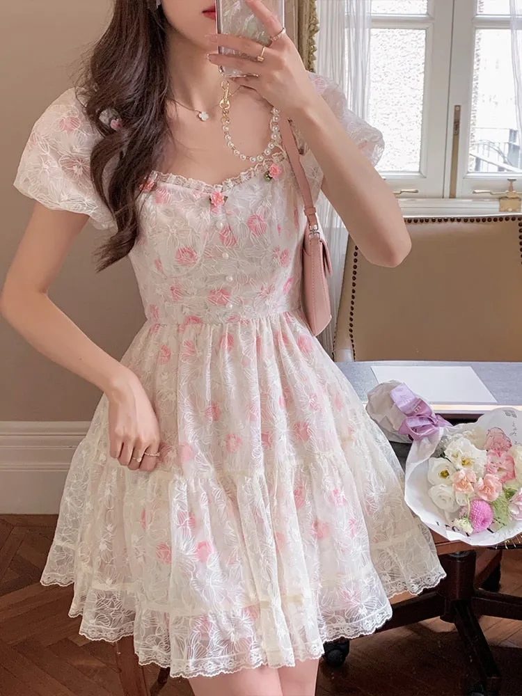 Floral Lace Kawaii Cottage Sweet Dress