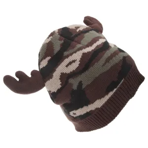 FLOSO Mens Camo Pattern Winter Beanie Hat With Moose Antlers