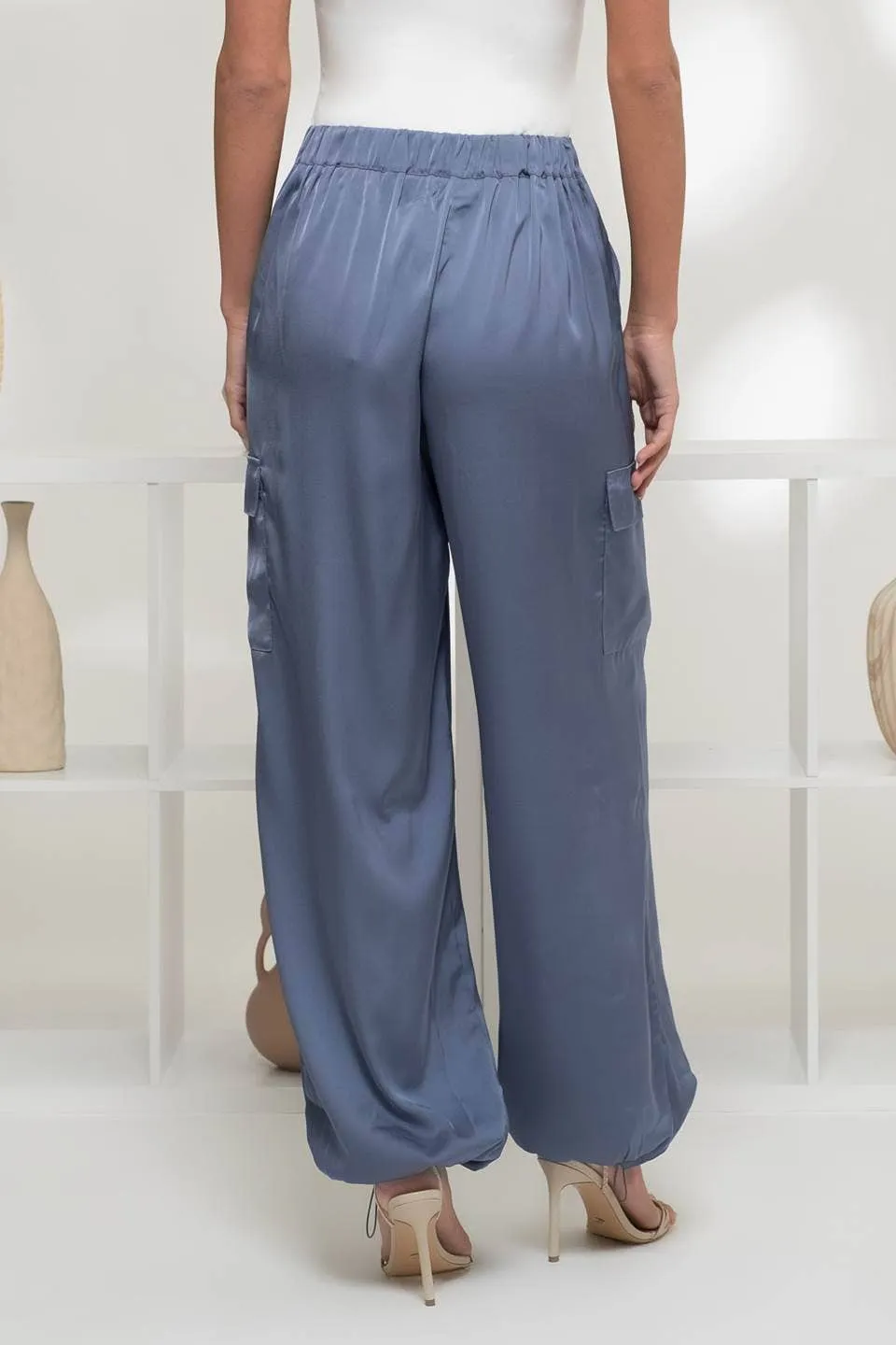 High Waist Satin Cargo Joggers