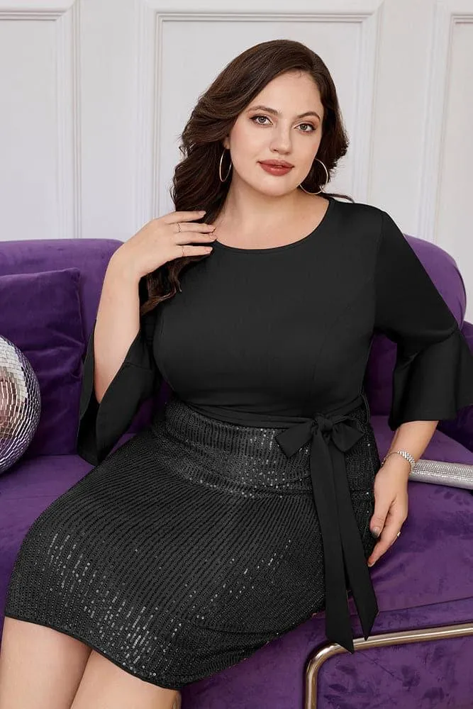 HN Size Sequin Patchwork Party 3/4 Sleeve Crew Neck Dress