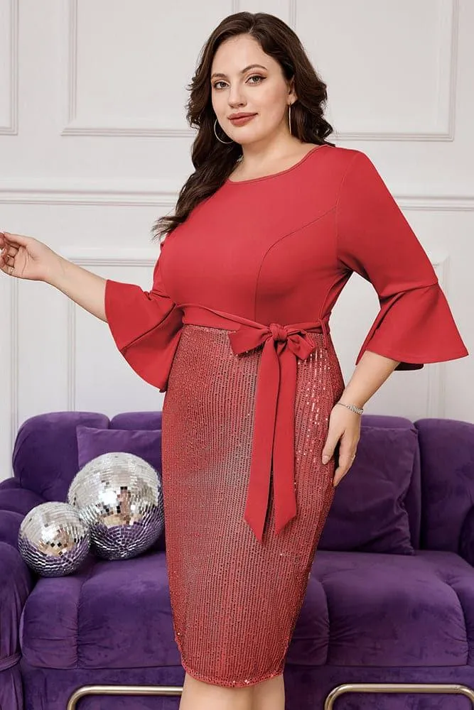 HN Size Sequin Patchwork Party 3/4 Sleeve Crew Neck Dress