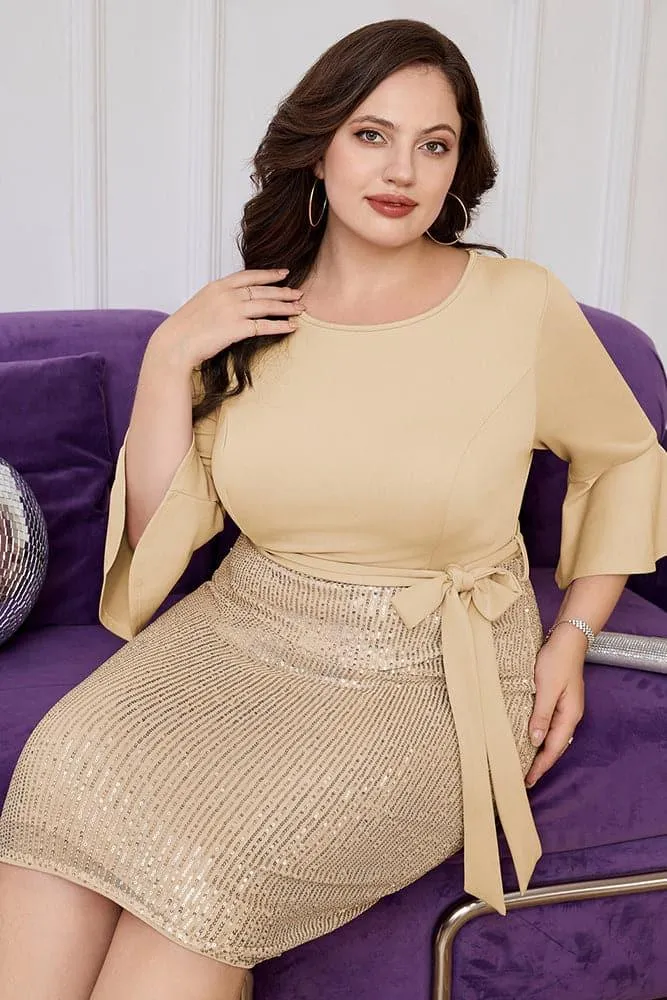 HN Size Sequin Patchwork Party 3/4 Sleeve Crew Neck Dress