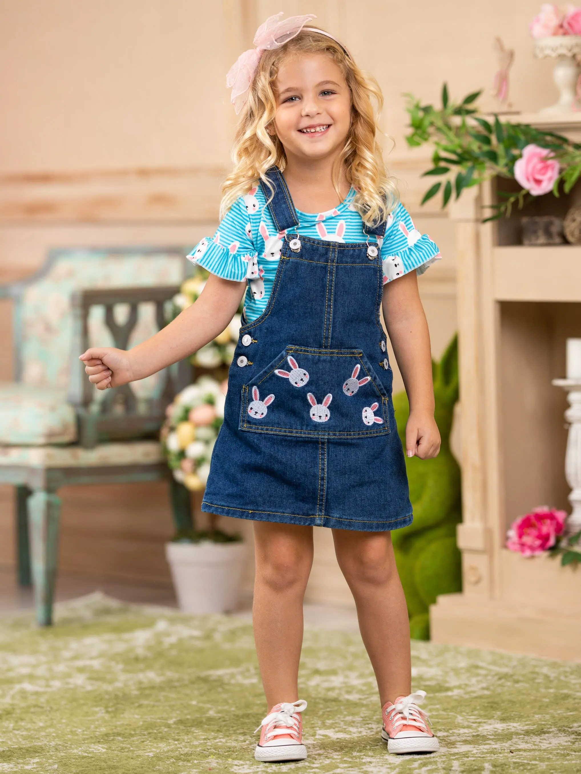 Hold My Bunnies Denim Overall Dress Set