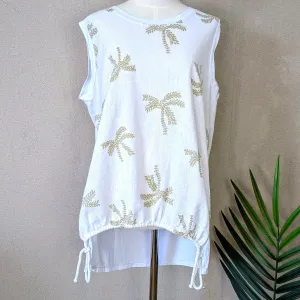 Linen mix sleeveless top with subtle palm print and hem tie (M)