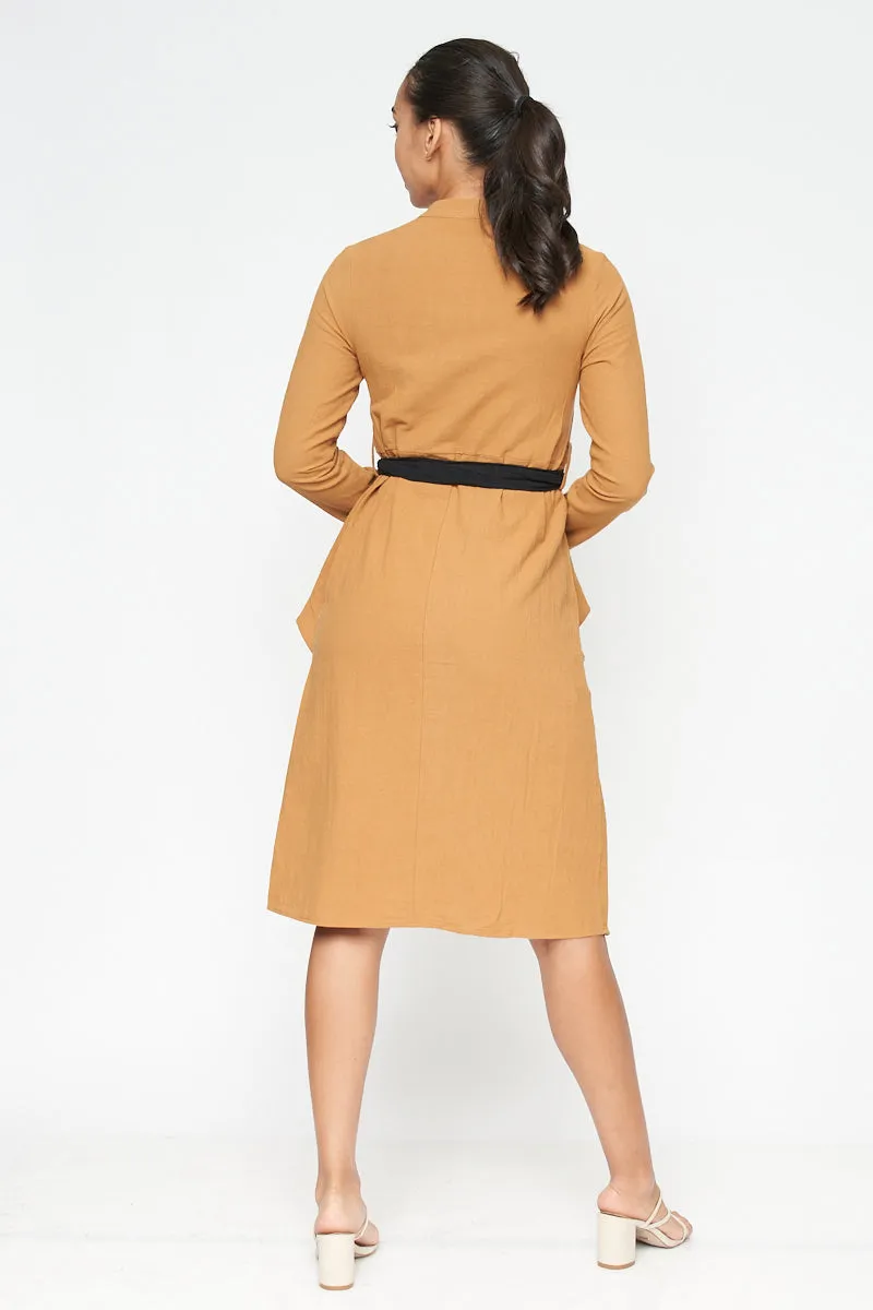 Long Sleeve V Neck Button Down Midi Coat Dress with Peplum and Contrast Black Tie (FL19C959)