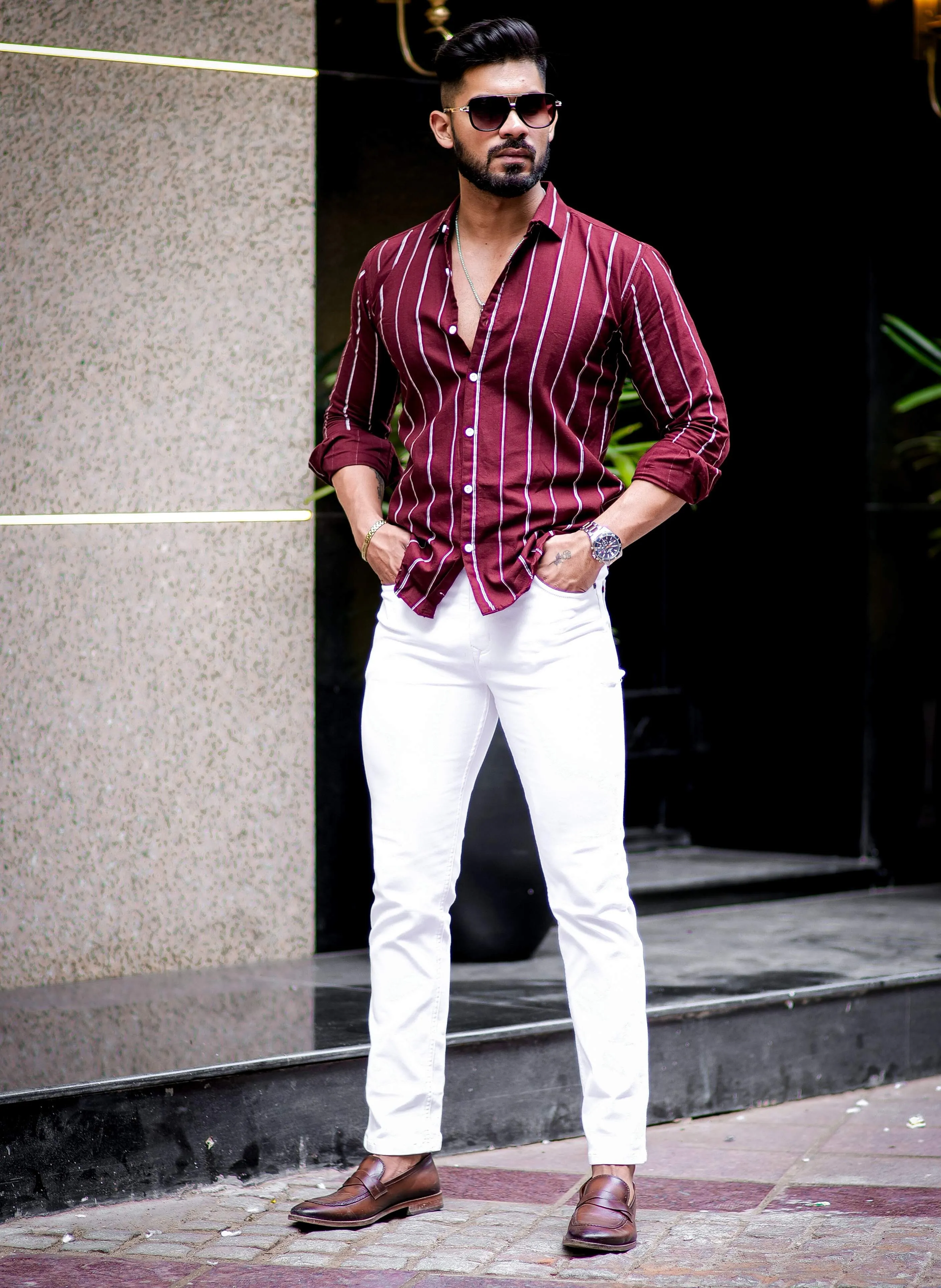 Maroon Striped Oxford Cotton Shirt