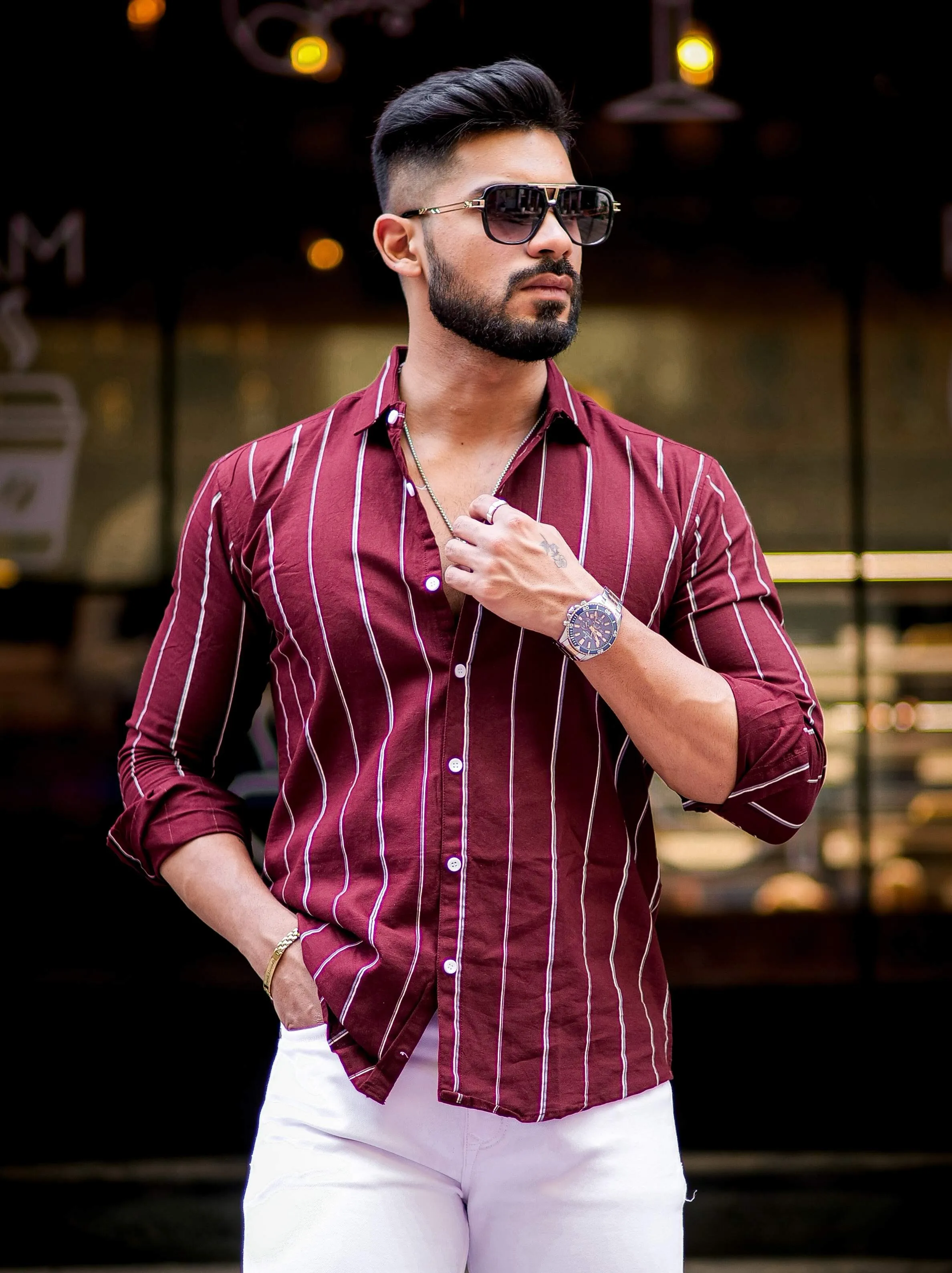 Maroon Striped Oxford Cotton Shirt