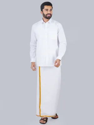 Men Cotton White Full Sleeves Shirt with 3/4'' inch Jari Dhoti