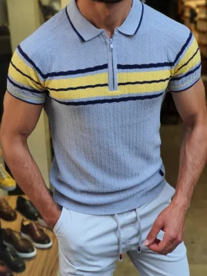Men's knitted polo shirt spring and summer slim contrast color sweater casual striped short-sleeved shirt