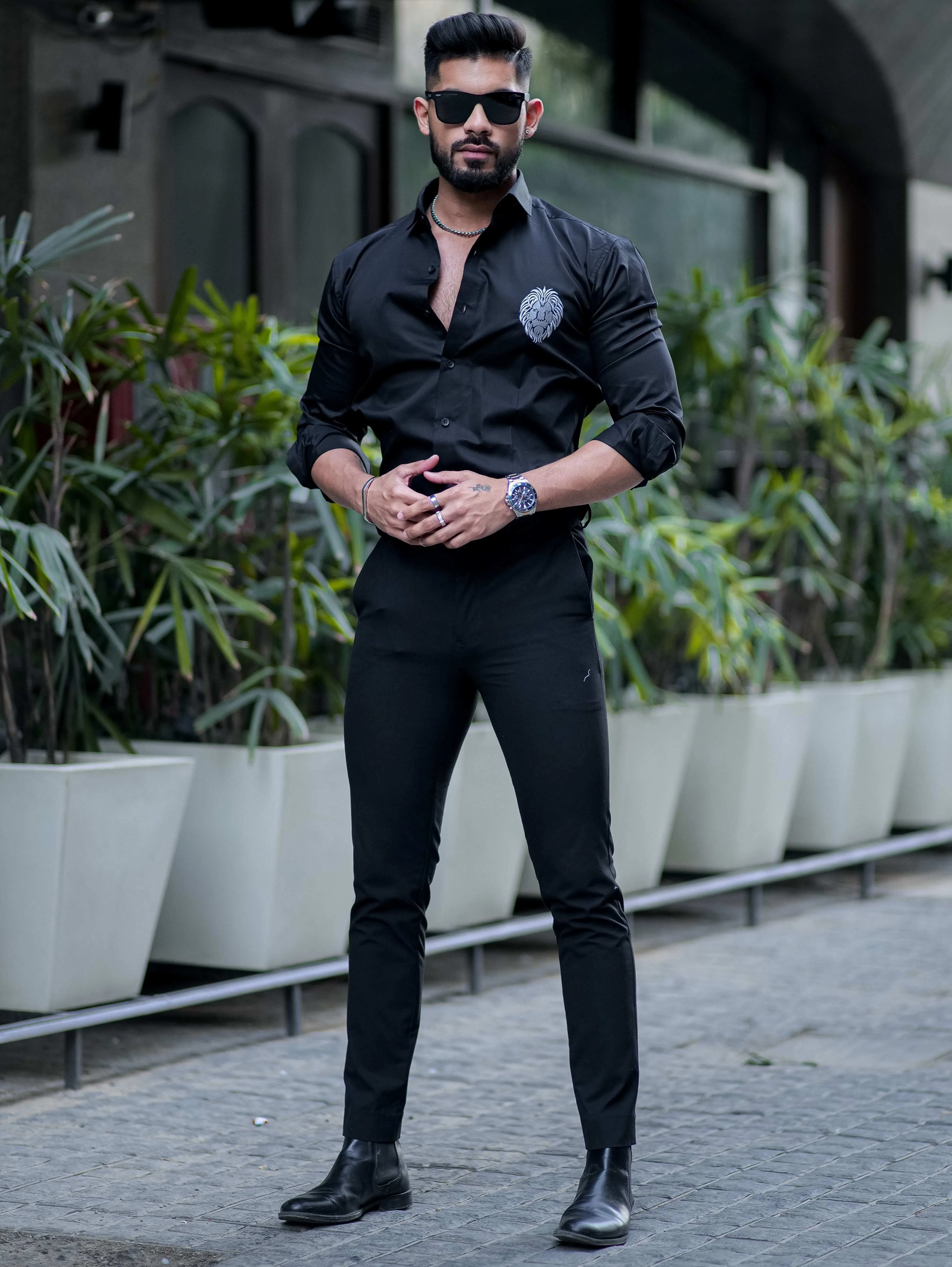 Mufasa Embroidered Grey Black Luxury Shirt For Men