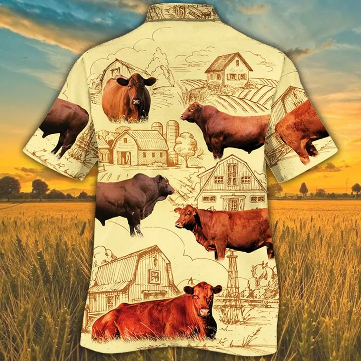 Red Angus Cattle 2 Lovers Farm Hawaiian Shirt, Farm Cow Short Sleeve Hawaiian Aloha Shirt for Men, Women
