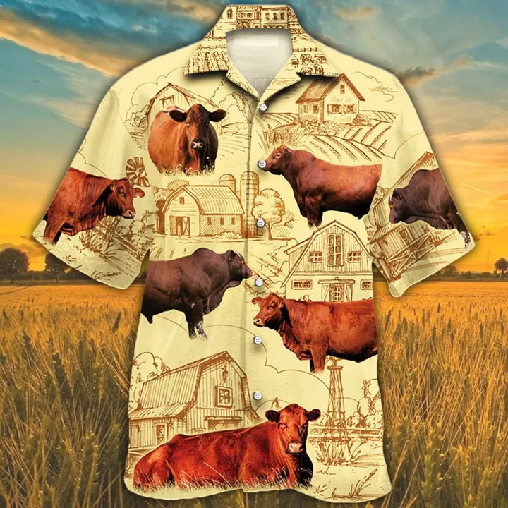 Red Angus Cattle 2 Lovers Farm Hawaiian Shirt, Farm Cow Short Sleeve Hawaiian Aloha Shirt for Men, Women